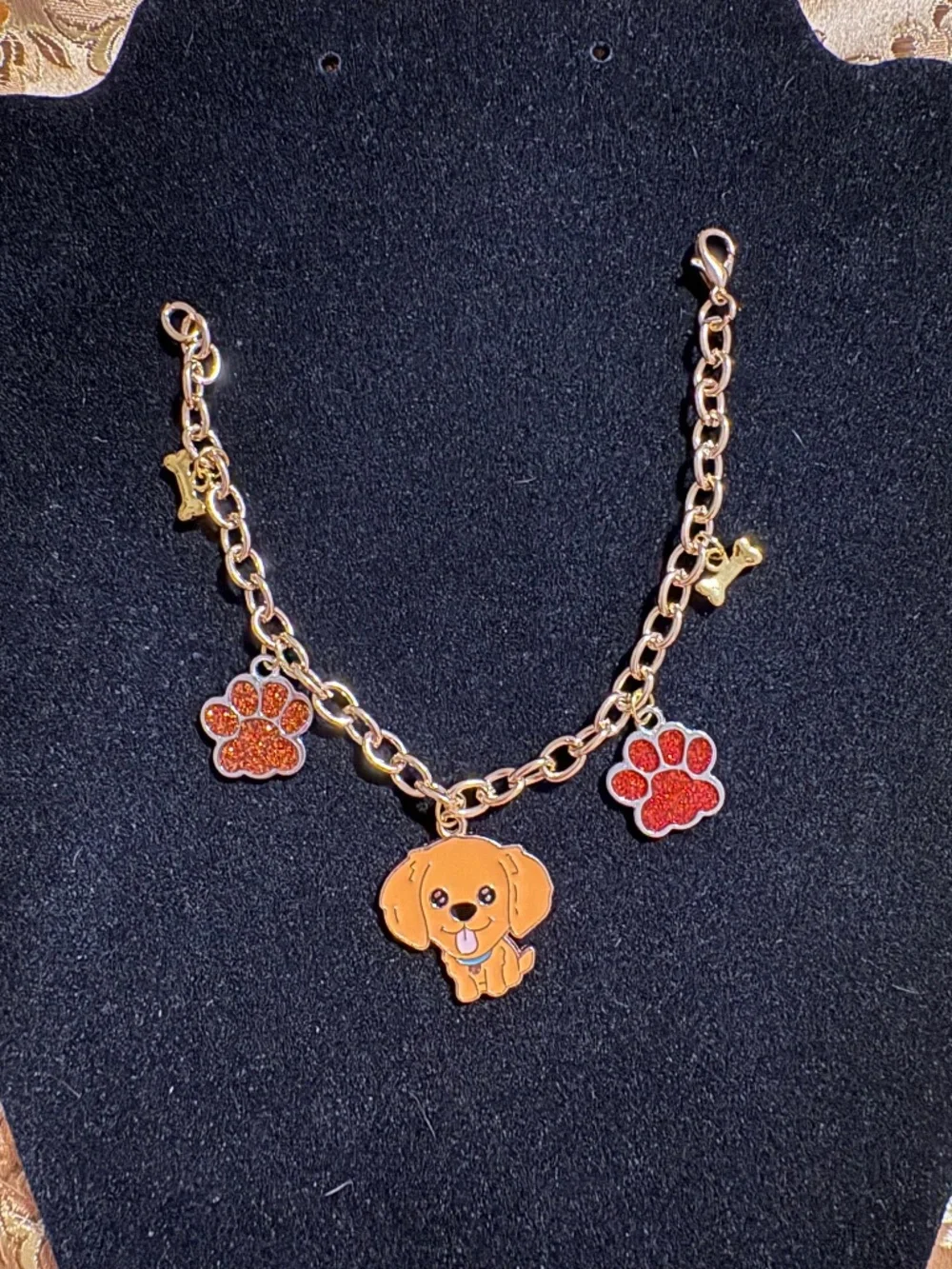 Parky’s Place Handmade Gold Dog Orange Glitter Paw Bone Charm Bracelet
